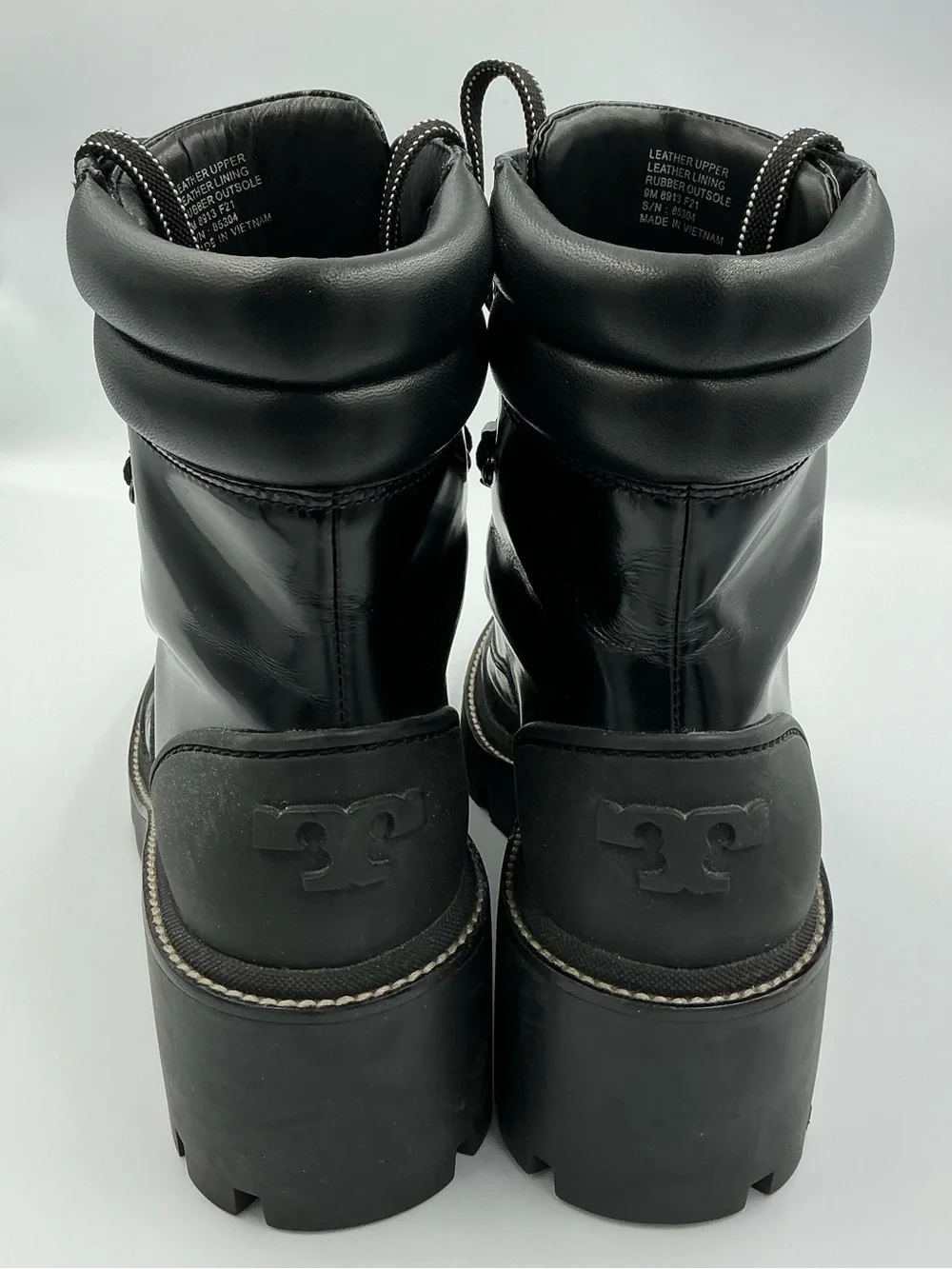 Tory Burch Black Leather Lug-Heel Hiker Combat Boots